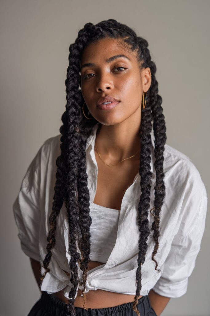 Long jumbo knotless braids with middle part and sleek finish