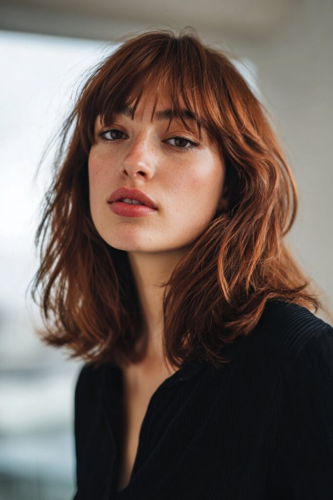 Long layered shag haircut with bangs and face framing layers