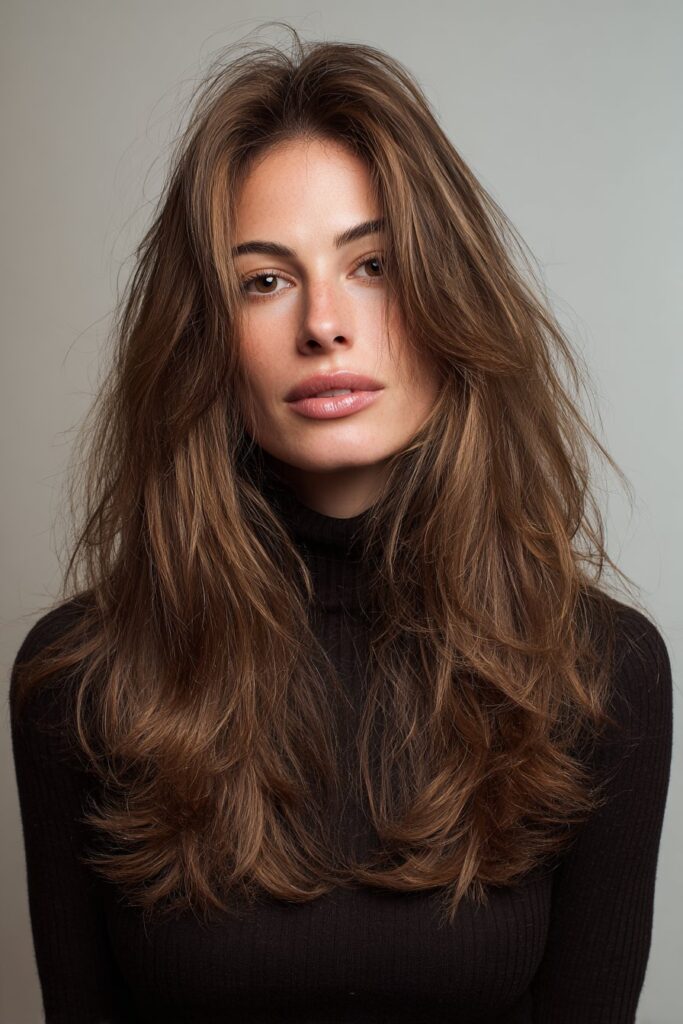 Long layered haircut for frizzy hair with natural flow and shape