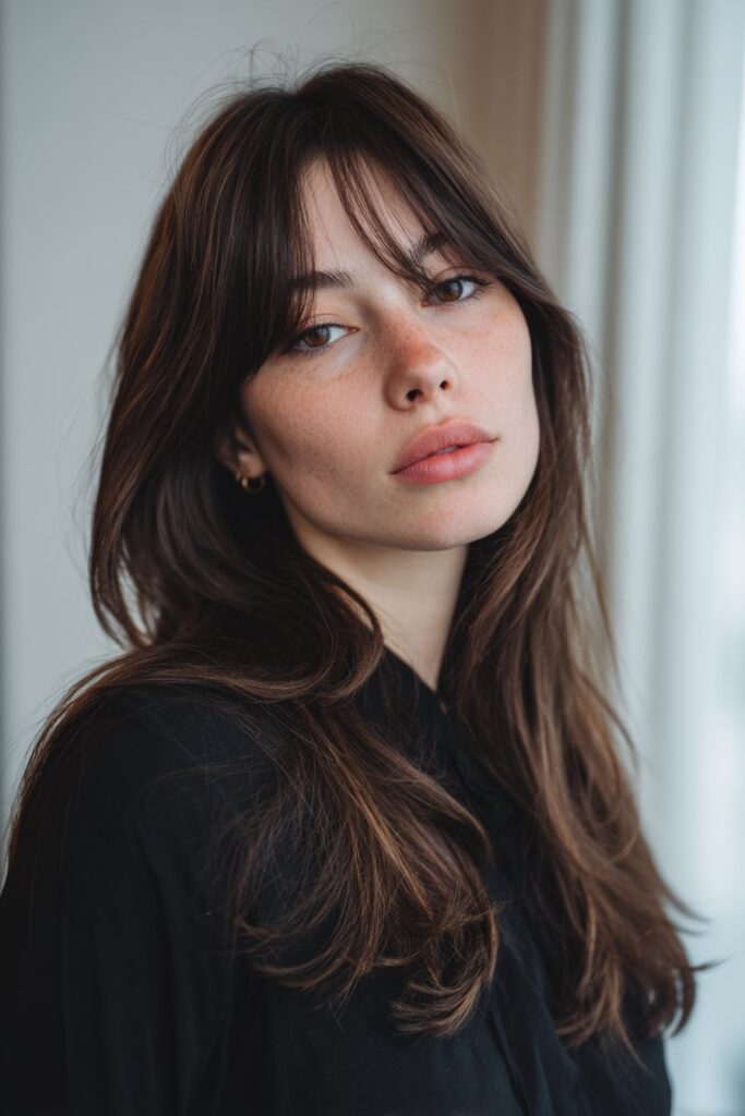 Brunette long layered hair with curtain bangs framing the face