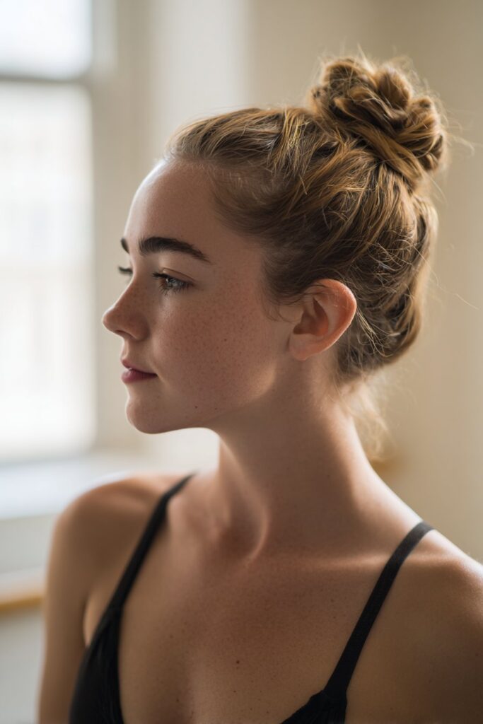 Low twisted bun dance hairstyle with elegant look