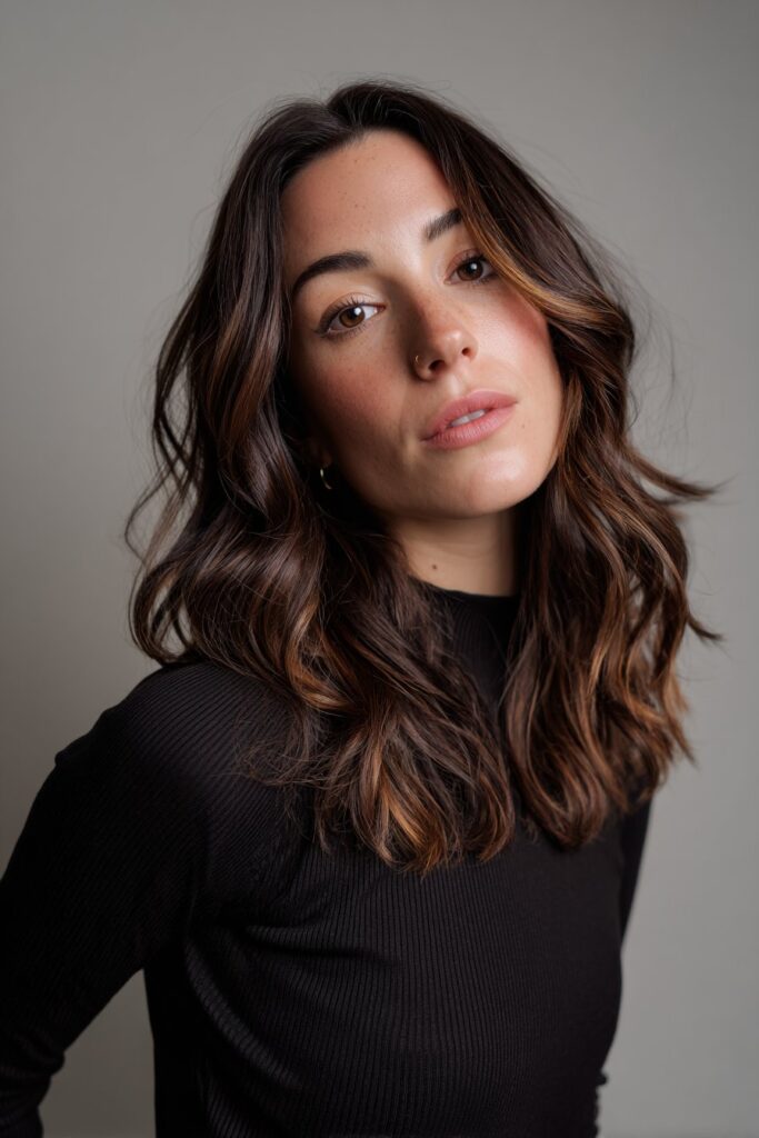 Mahogany face framing highlights on dark brown hair