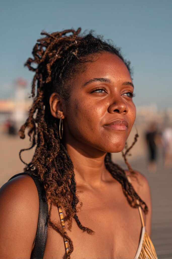 Marley twists on Black woman, textured vacation protective style