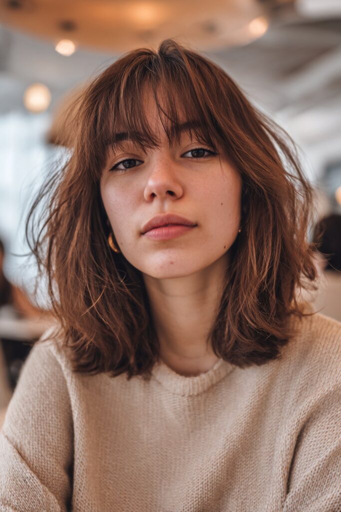 Medium shaggy haircut with curtain bangs for soft movement