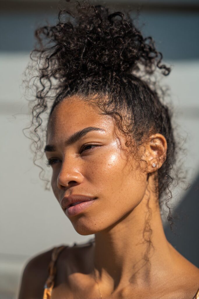 Messy curly bun hairstyle for Black women