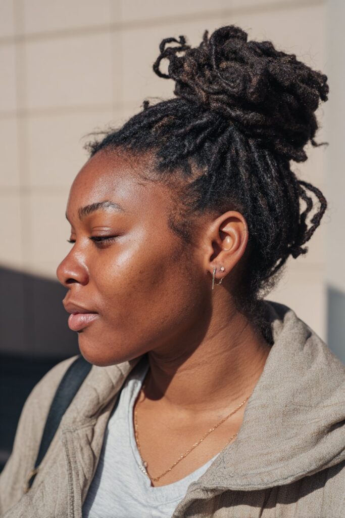 Messy bun updo hairstyle on locs