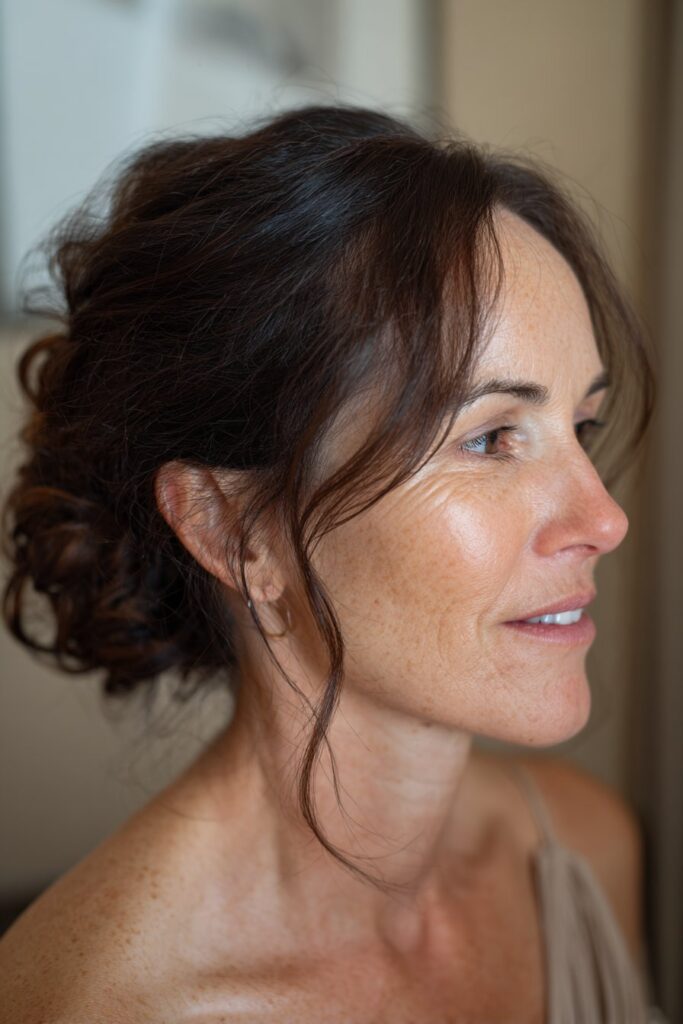 Messy bun with wispy tendrils for mother of the bride short hair