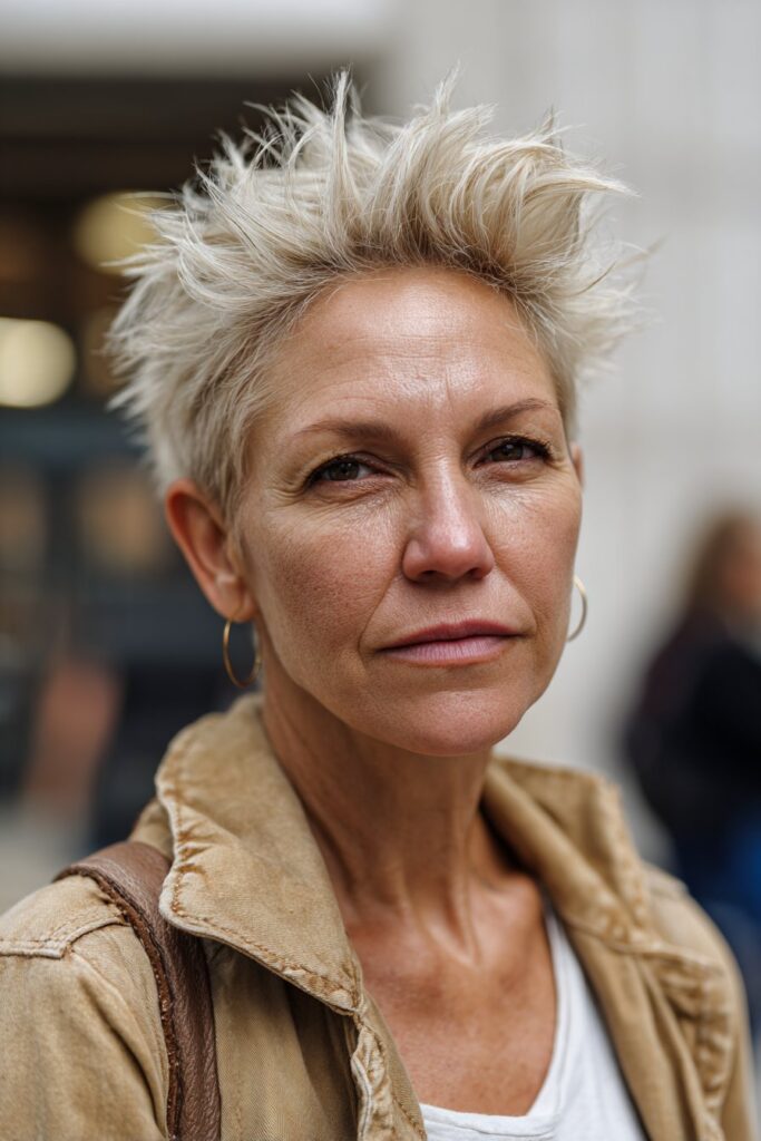 Messy spiky crop hairstyle adding volume for older women