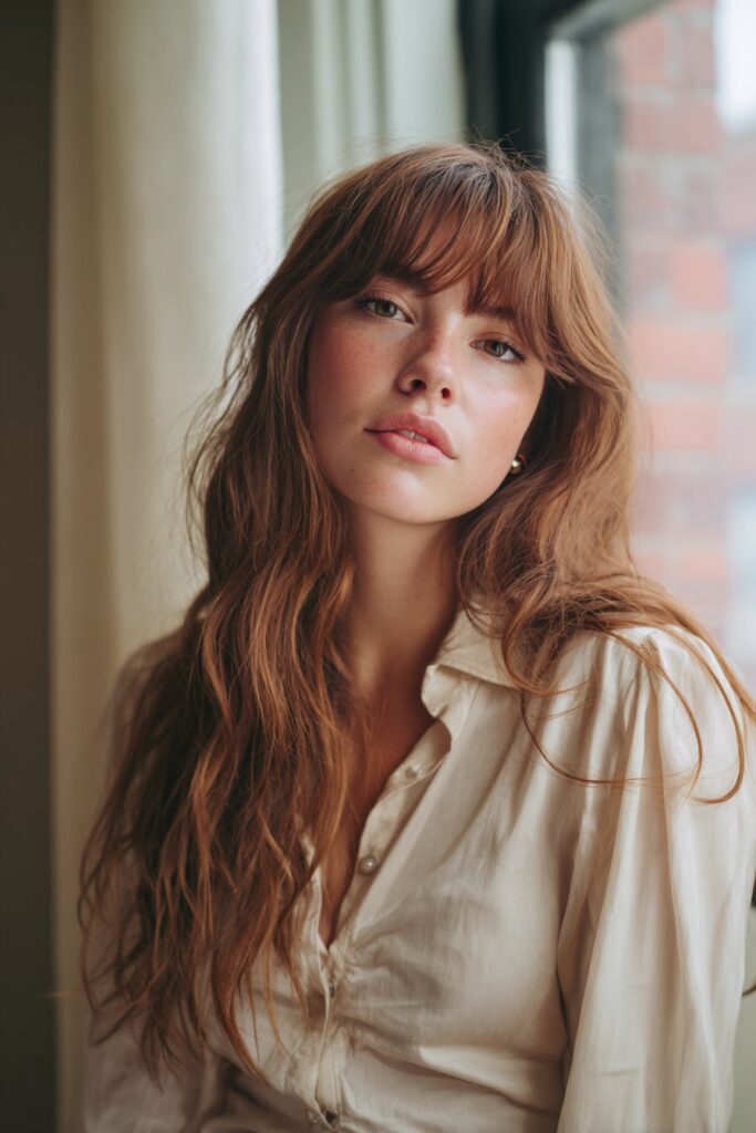 Messy long hair with textured curtain bangs and natural movement