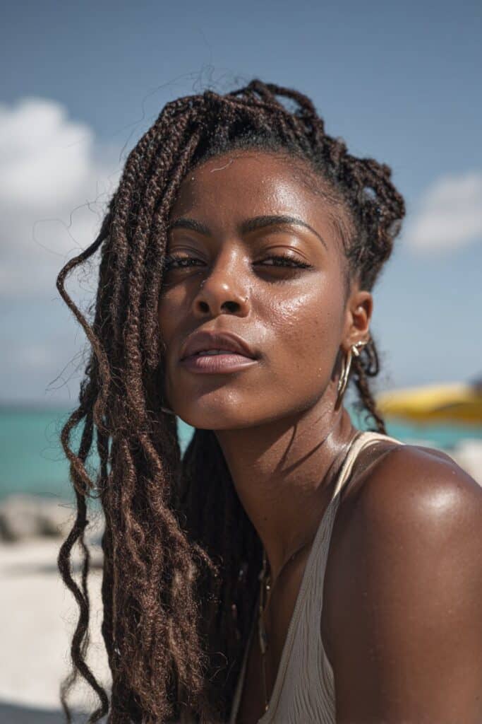 Micro braids on Black woman, long-lasting vacation hairstyle option