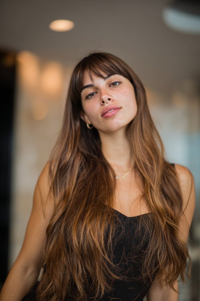 Long hair with middle-parted curtain bangs and flowing layers