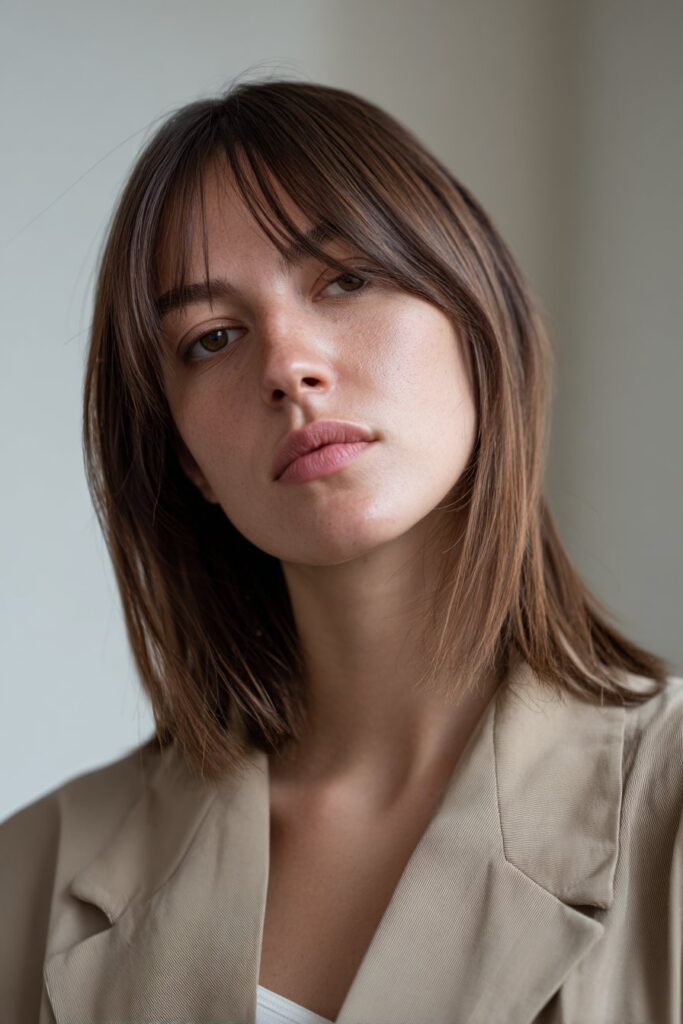 Middle parted medium haircut with curtain bangs