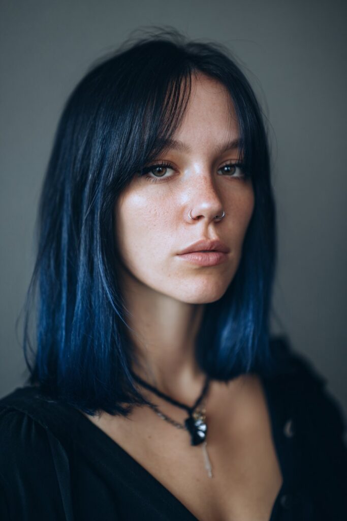 Midnight blue gradient goth bob haircut without fringe