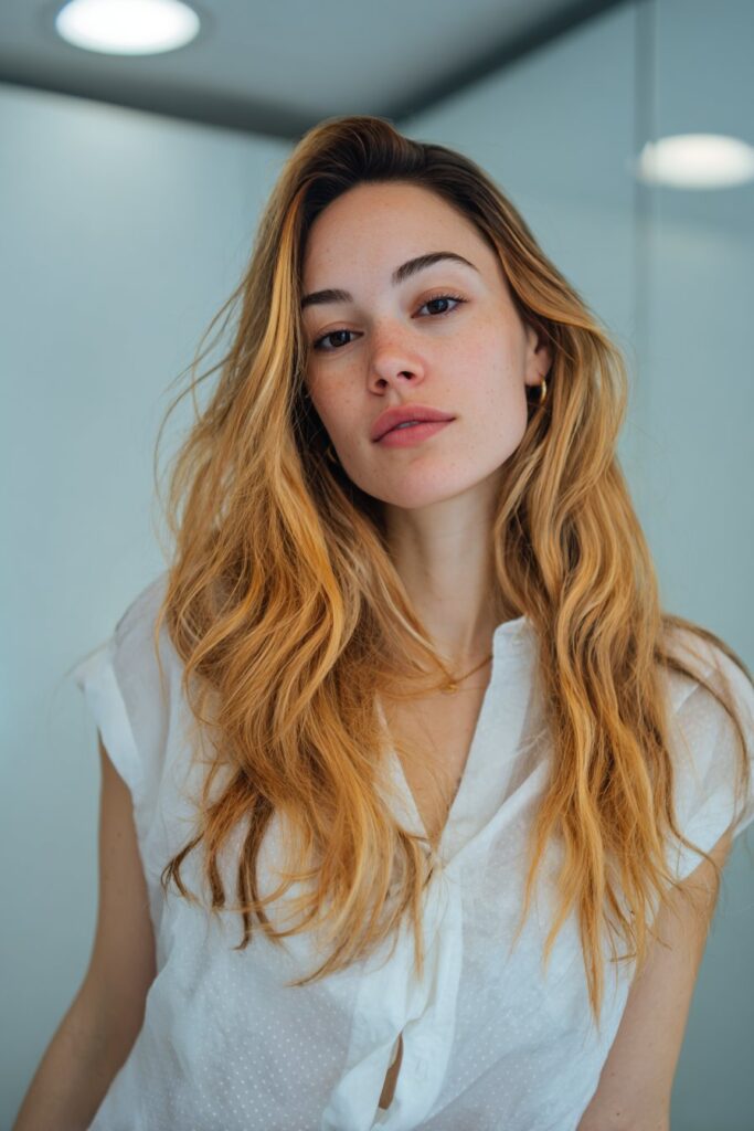 Calico hair with money piece highlights framing the face