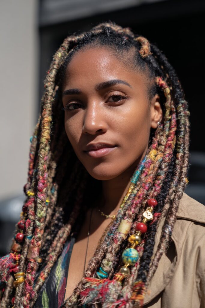 Multicolor peekaboo knotless braids decorated with beads