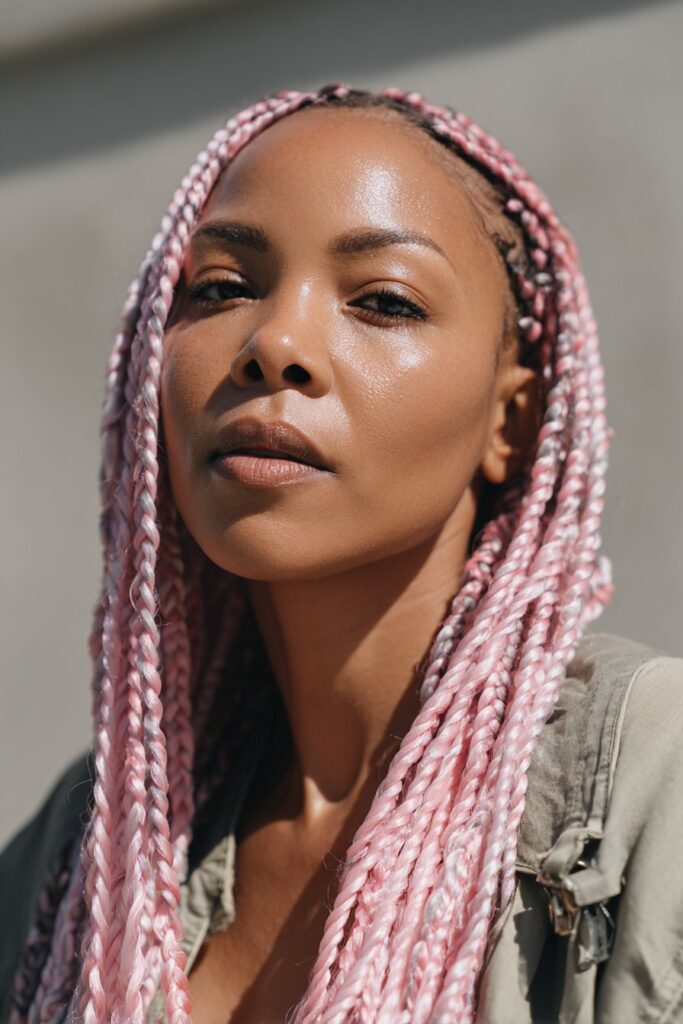 Pink peekaboo knotless braids with hidden color accents