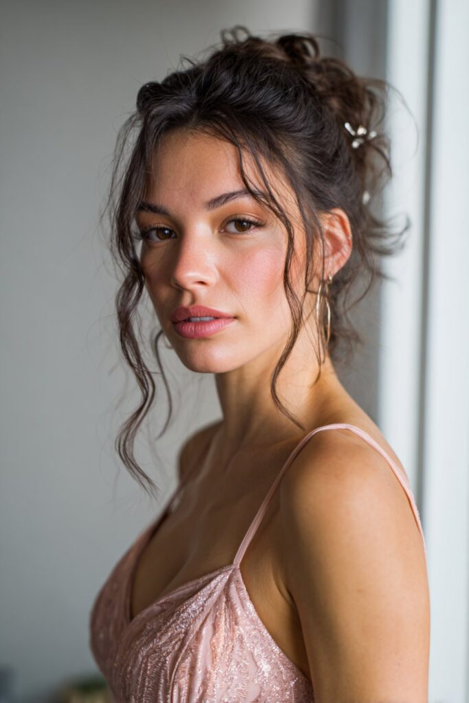 Pinned back glam prom hairstyle for medium hair