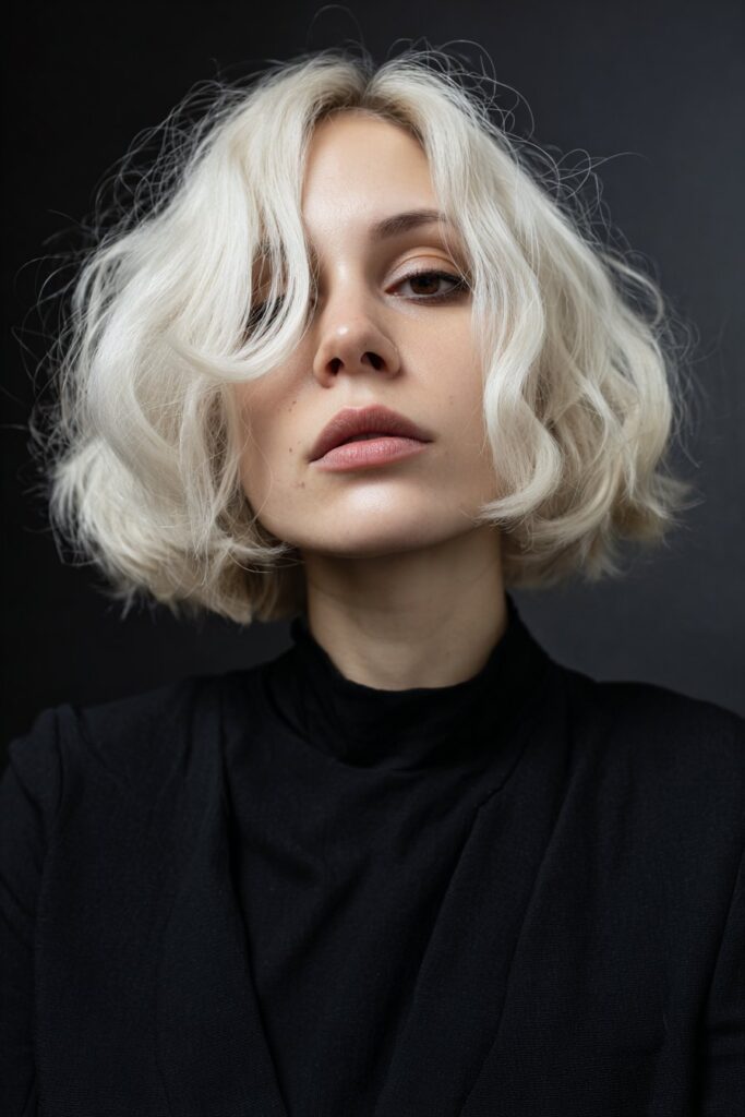 Purple ombre gothic bob haircut with dark roots and no bangs