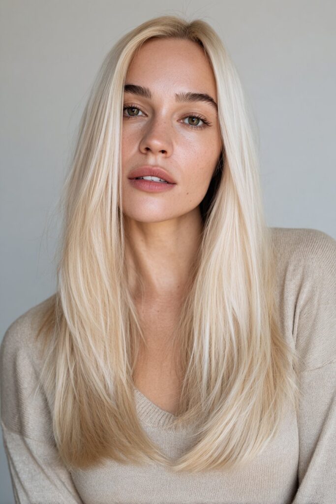 Platinum blonde hair color idea with bright icy tones