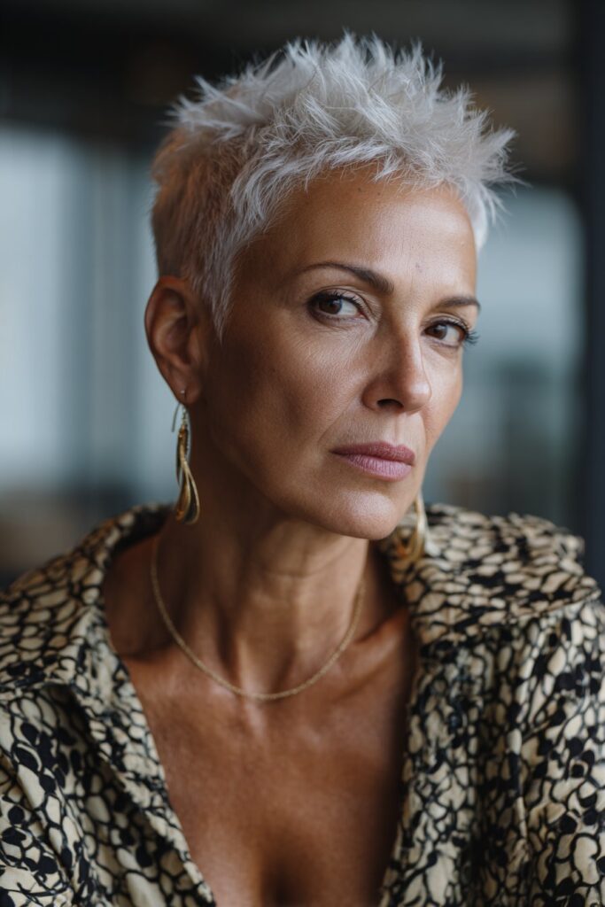 Platinum spiky pixie haircut for older women with modern look