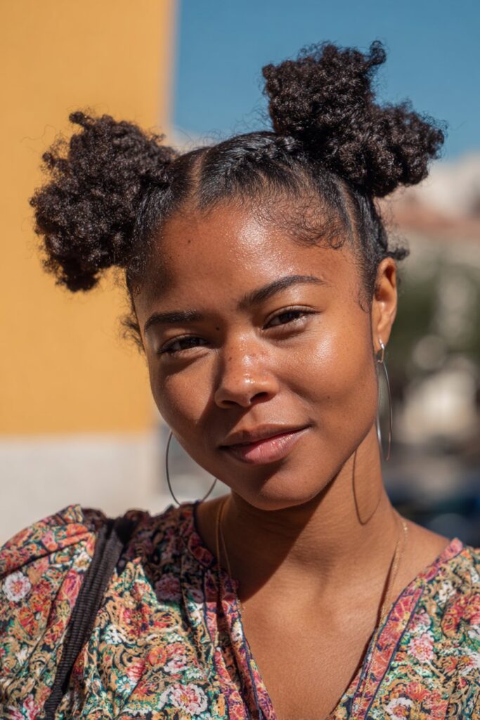 Playful double bun locs updo hairstyle
