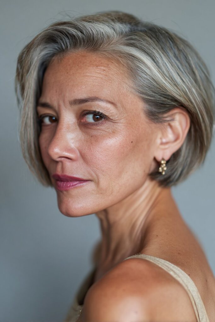 Polished side-swept bob hairstyle for mother of the bride