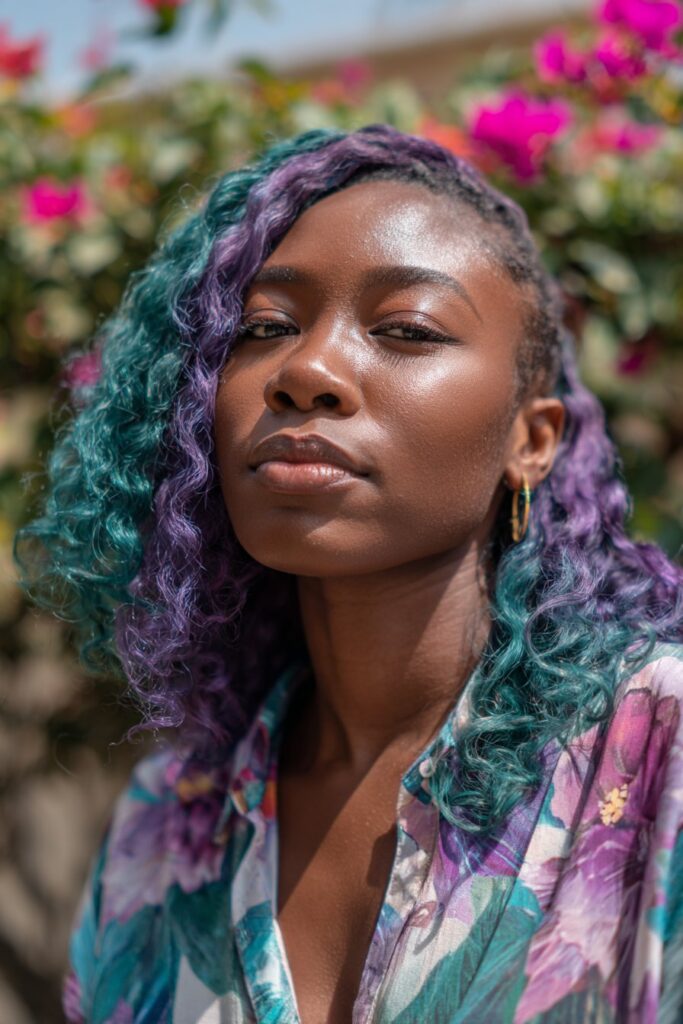 Purple and teal ombre hairstyle for Black women in spring
