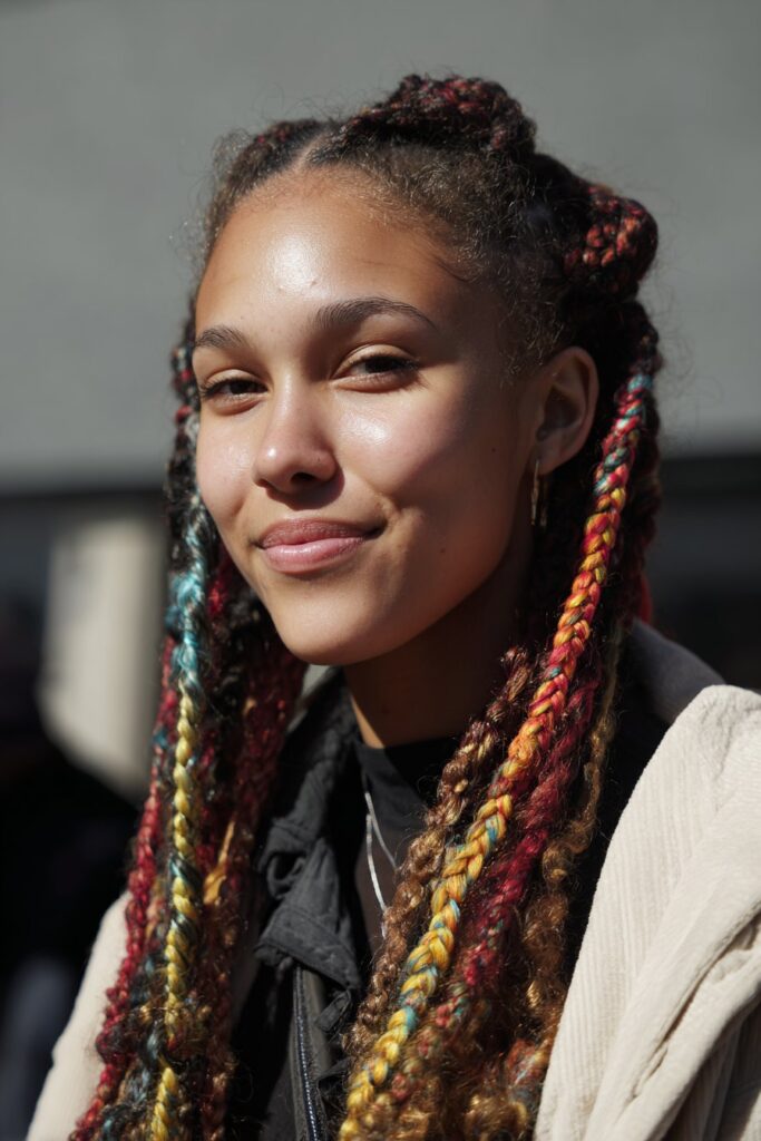 Rainbow peekaboo box braids with vibrant hidden colors