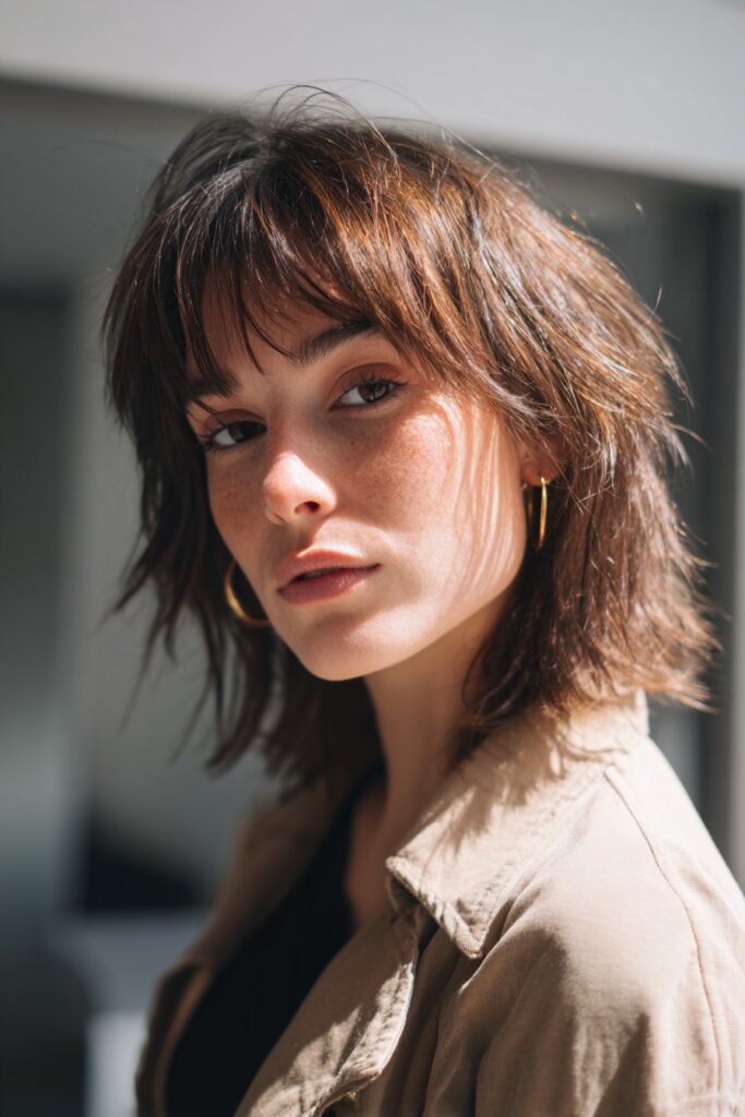 Razor cut shag haircut with full bangs and layered texture