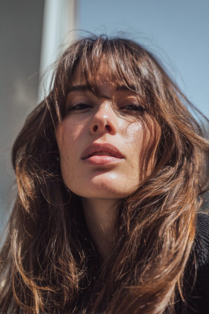 Razored long blended curtain bangs with light texture