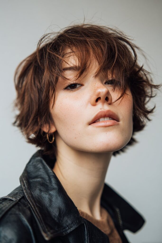 Razored medium haircut with textured curtain bangs