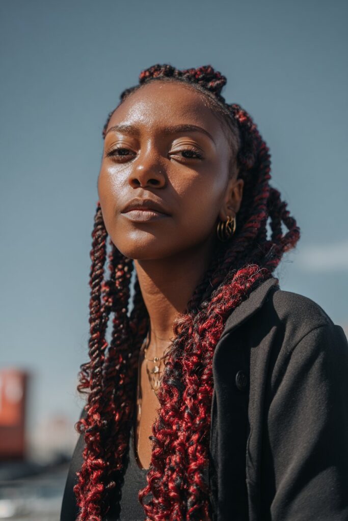 Red bottom peekaboo braids with curly ends