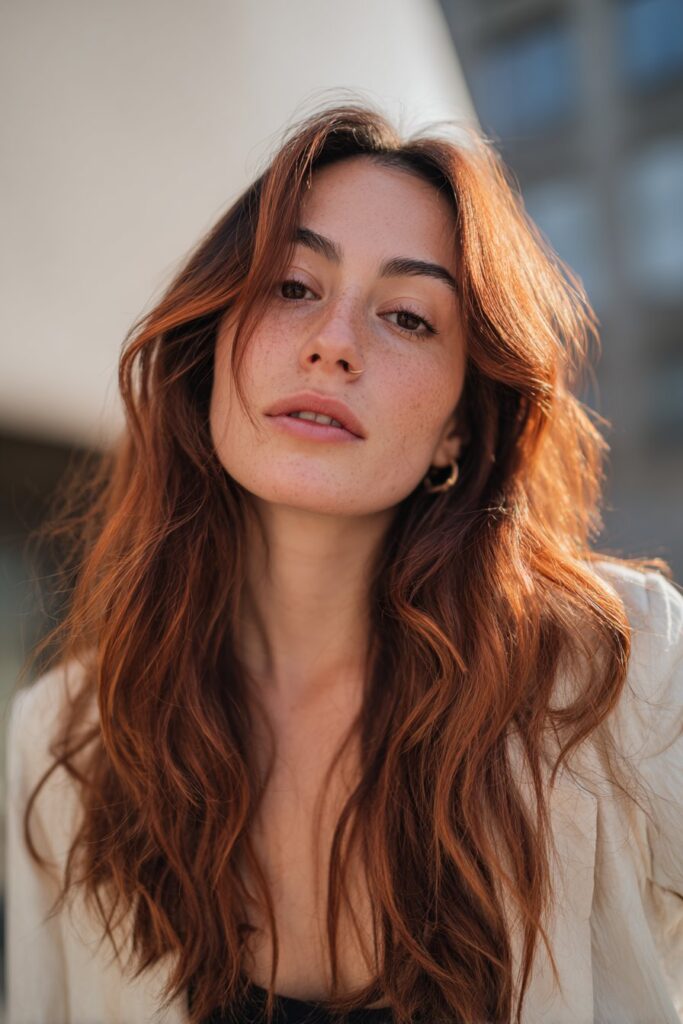 Red highlights on dark brown hair with bold dimension