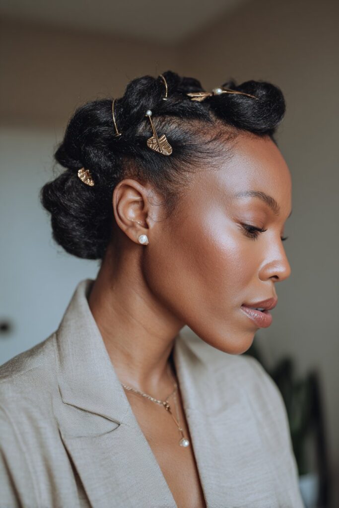 15 Gorgeous Black Hair Updo Hairstyles to Try Today 14 Rolled updo with accessories on Black hair