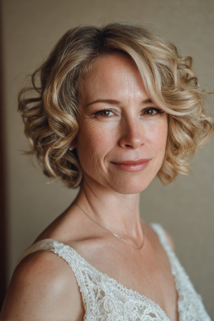Romantic short curls with face-framing pieces for mother of the bride