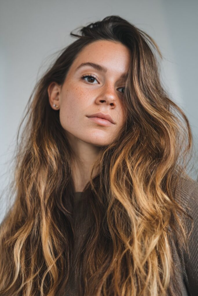 Rooted blonde balayage highlights on dark brown hair