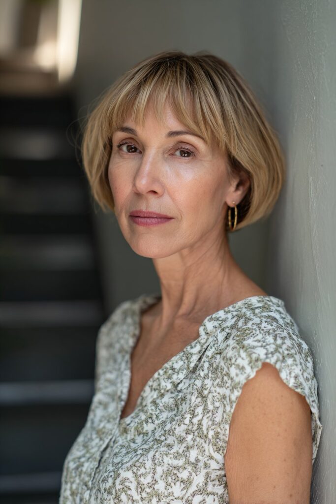 Rounded crop haircut with face-framing bangs for older women