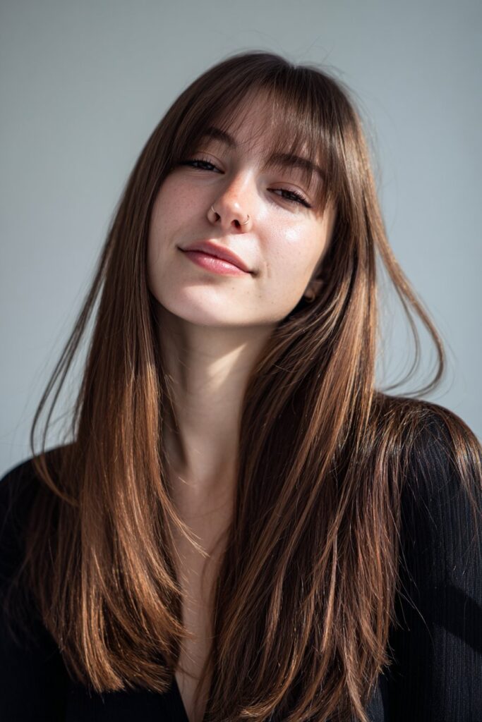 Rounded long blended curtain bangs with soft shape