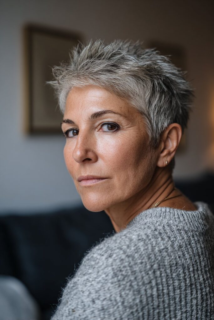 Salt and pepper spiky layered haircut for older women
