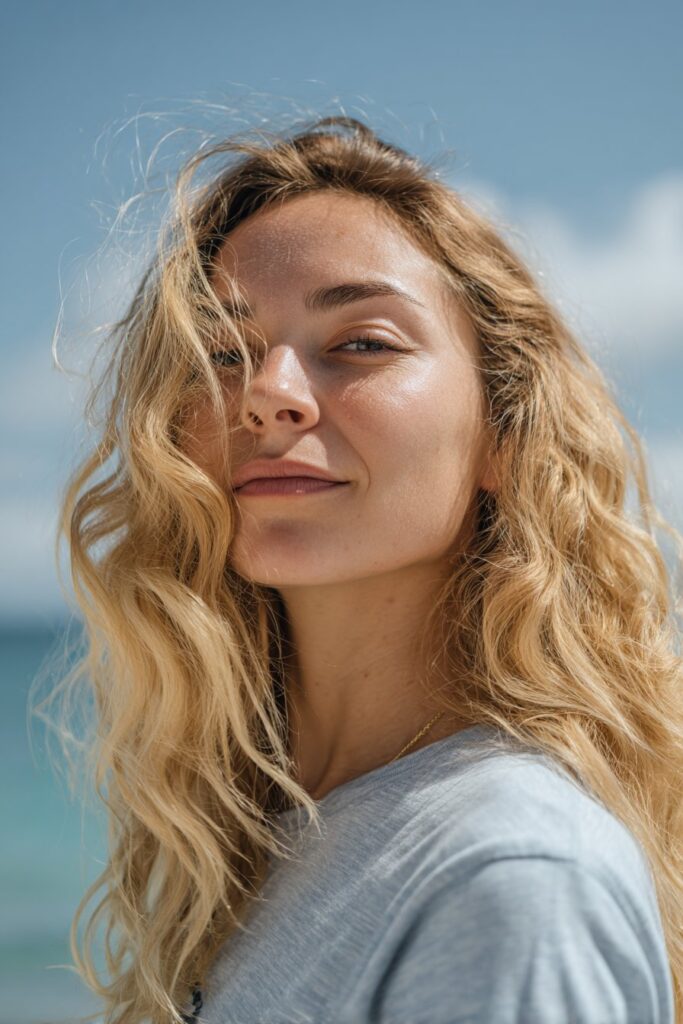 Sandy blonde hair color with natural beachy tones