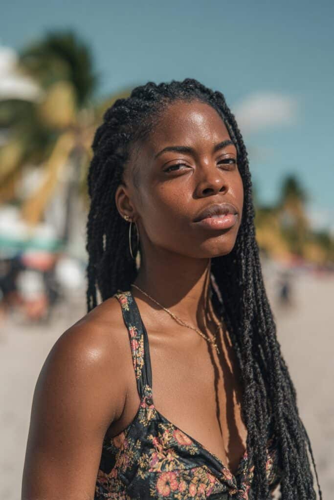 Senegalese twists on Black woman, lightweight vacation protective style