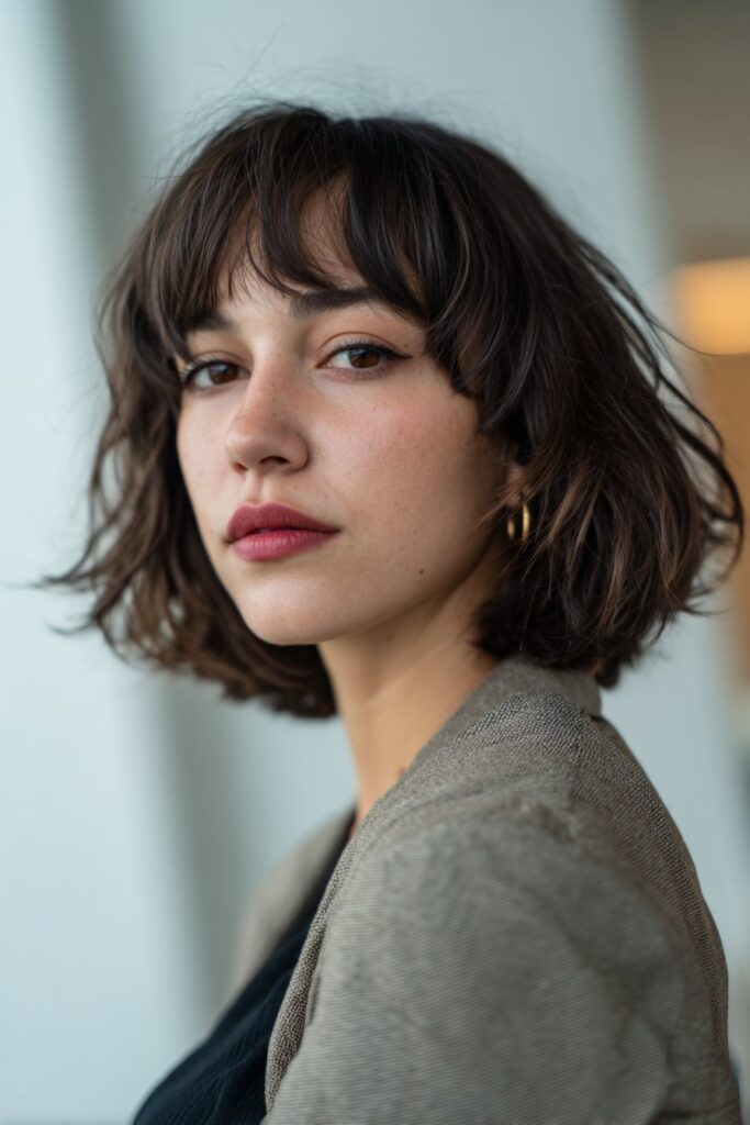 Shaggy bob haircut with blunt bangs and modern shape