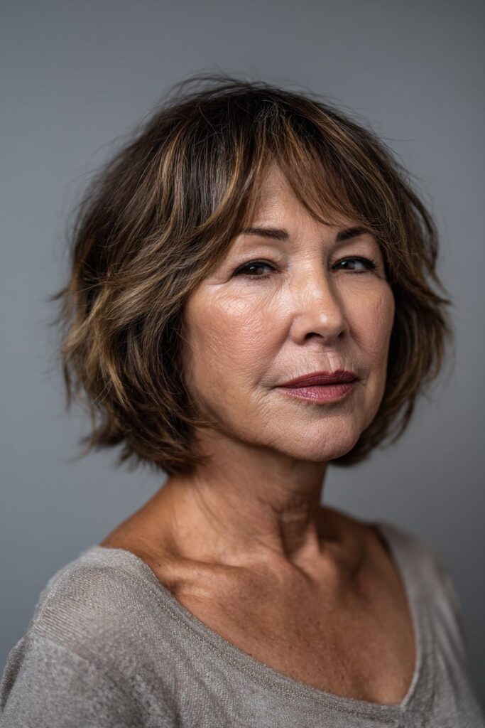 Shaggy bob hairstyle for thin fine hair over 60 with wispy bangs