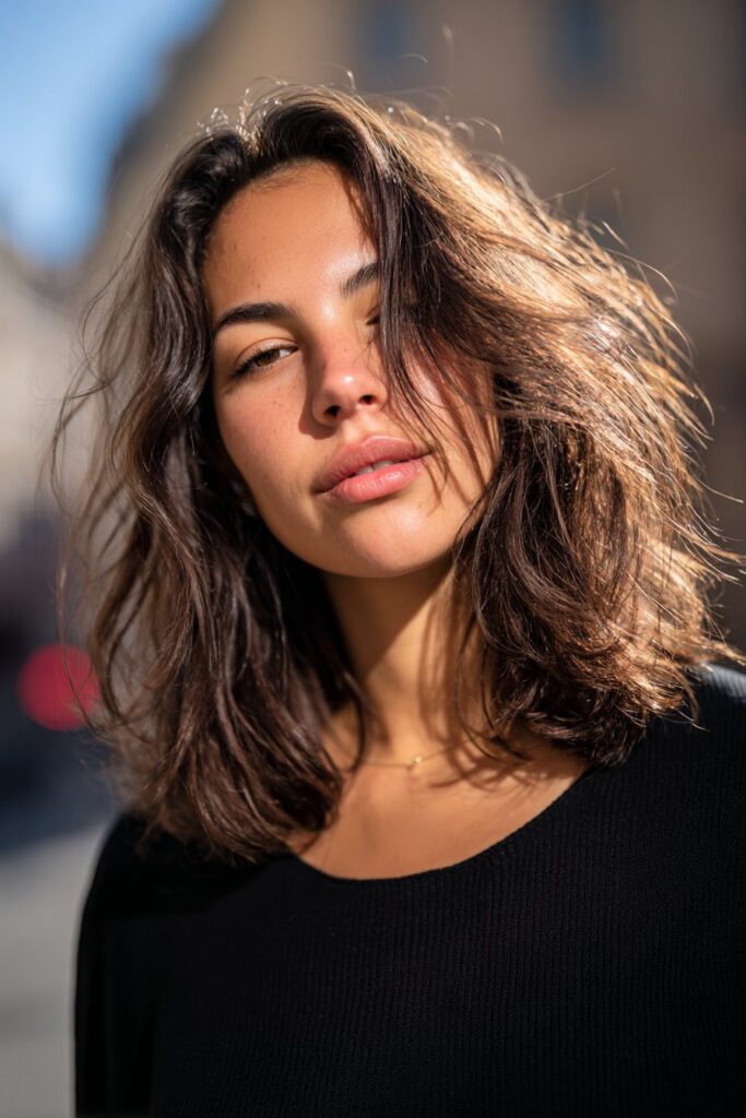 Medium length shaggy layered haircut with natural texture