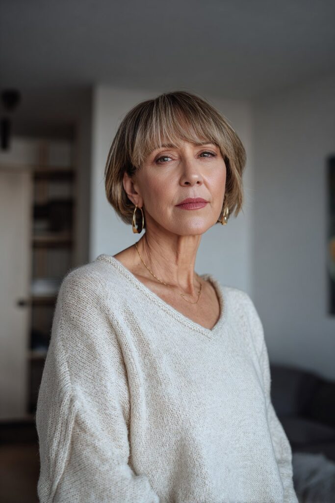 Short layered haircut for women over 50 with soft fringe bangs