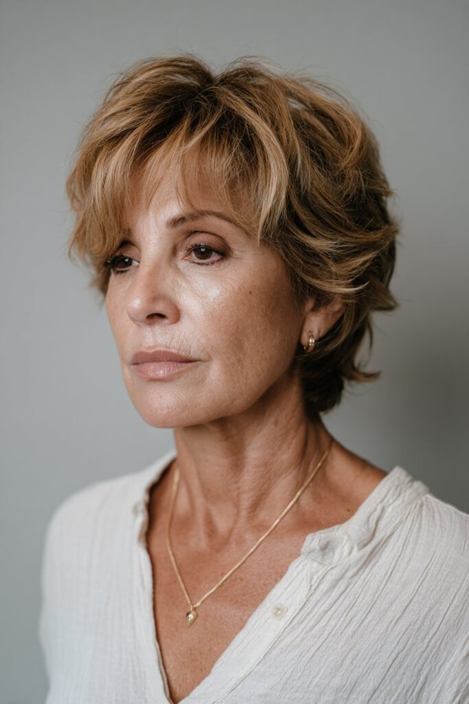 Short layered shag haircut for women over 50 with natural volume