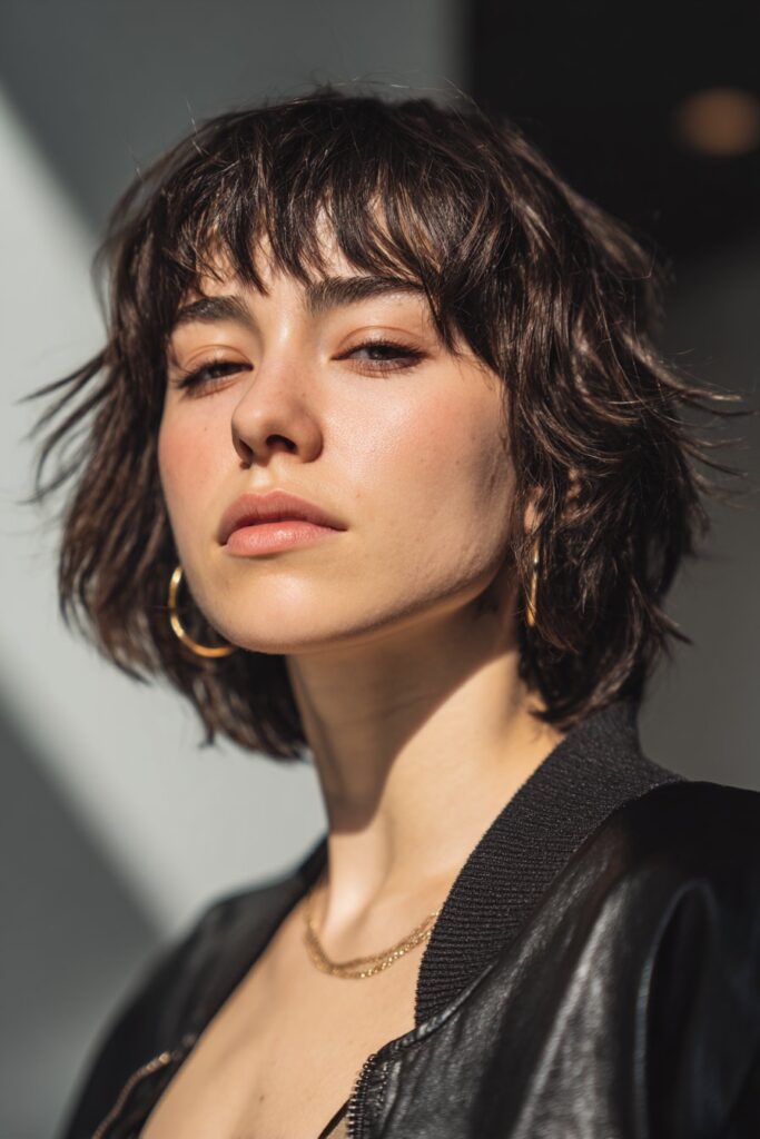 Short shaggy haircut with bangs and choppy textured layers