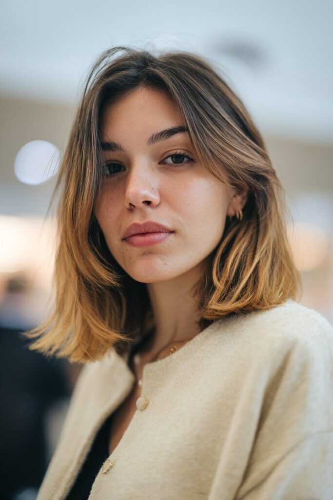 Voluminous long blended curtain bangs with lift