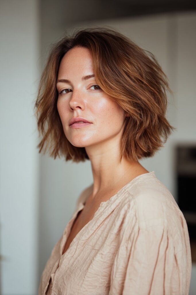 Layered lob haircut for frizzy hair at shoulder length with easy styling