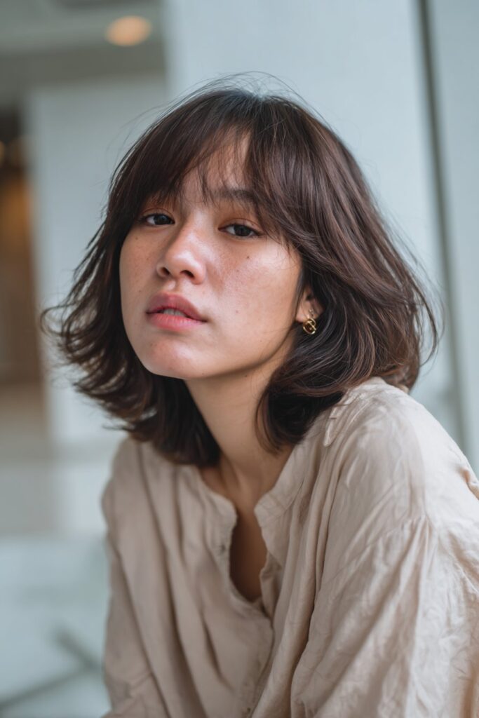Shoulder length shag haircut with wispy bangs and soft layers